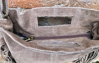 Taupe brown crossbody fringed bag. BOHO suede leather bag with FRINGES. Greyge brown genuine suede leather. Light grey-brown suede purse.