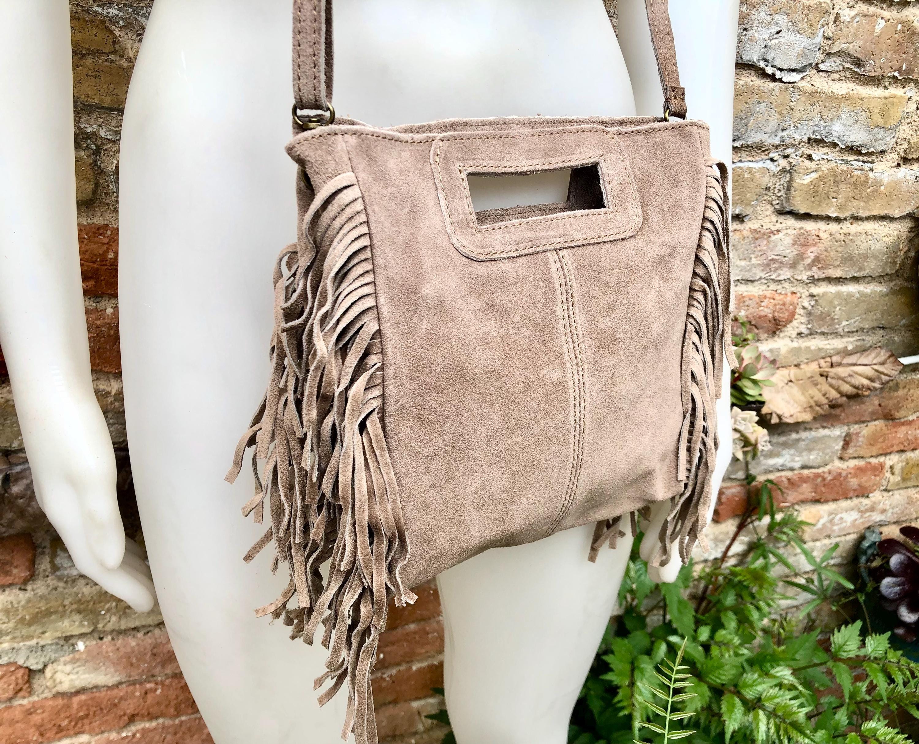 Taupe brown crossbody fringed bag. BOHO suede leather bag with FRINGES. Greyge brown genuine suede leather. Light grey-brown suede purse.