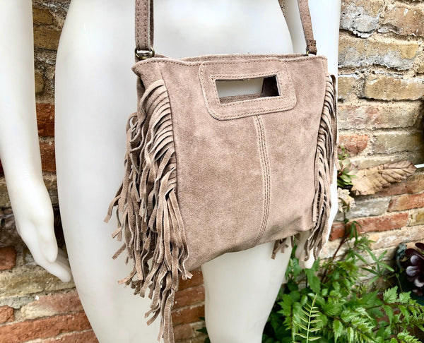 Taupe brown crossbody fringed bag. BOHO suede leather bag with FRINGES. Greyge brown genuine suede leather. Light grey-brown suede purse.