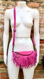 Hot pink fringed crossbody / shoulder bag. BOHO suede leather bag with fringes. Small suede hippy bag. Fuchsia fringes suede purse