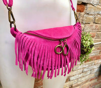 Hot pink fringed crossbody / shoulder bag. BOHO suede leather bag with fringes. Small suede hippy bag. Fuchsia fringes suede purse