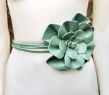 Flower leather belt in sage green. Waist, overall or dress belt. Genuine leather. Green rose belt. Large mint green flower.Green flower belt