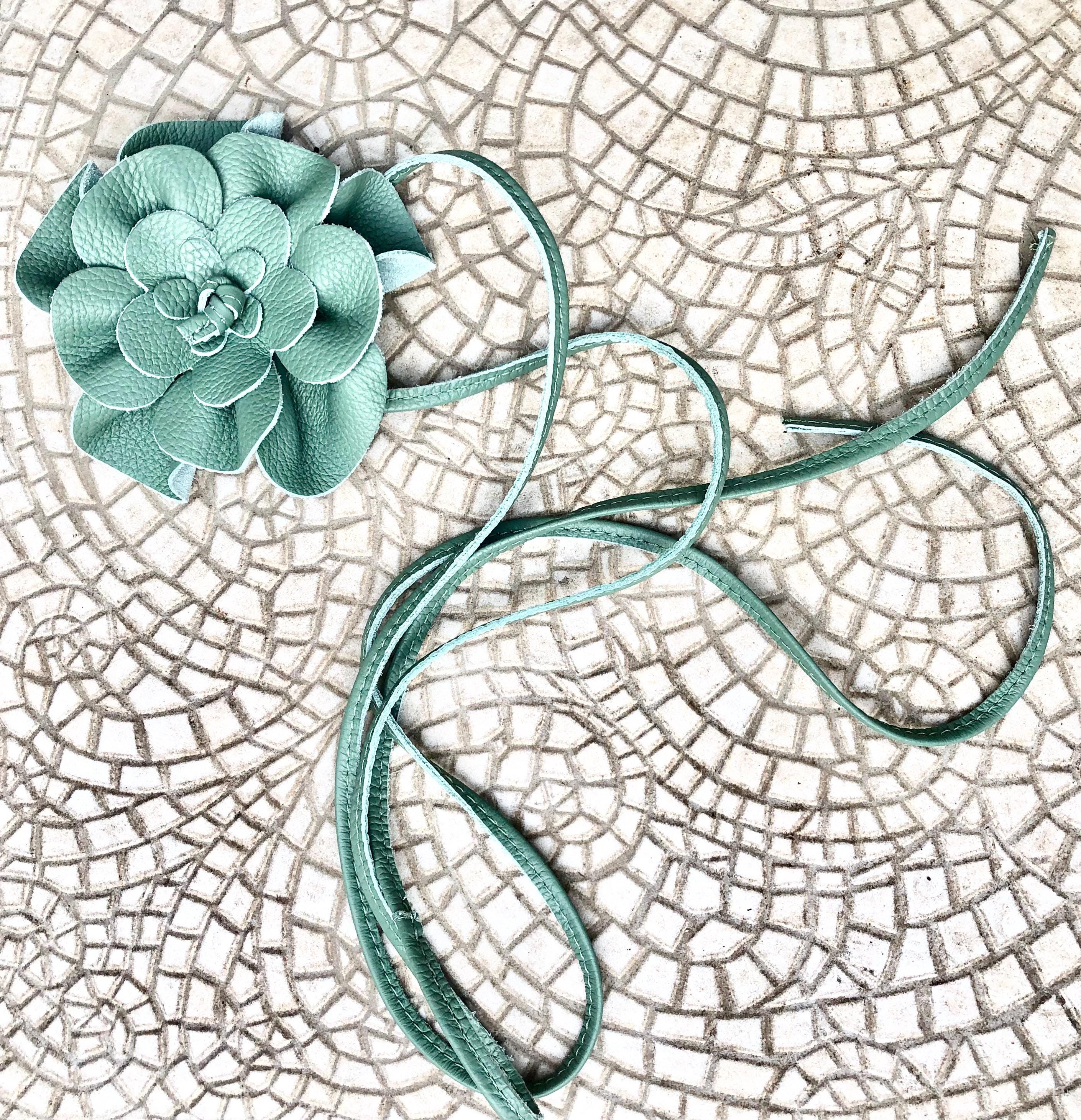 Flower leather belt in sage green. Waist, overall or dress belt. Genuine leather. Green rose belt. Large mint green flower.Green flower belt