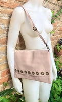 Light pink genuine leather crossbody / shoulder bag. Pink messenger. Zipper, flap + adjustable strap. Pink leather purse with bronze tacks