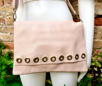 Light pink genuine leather crossbody / shoulder bag. Pink messenger. Zipper, flap + adjustable strap. Pink leather purse with bronze tacks