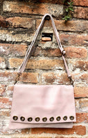 Light pink genuine leather crossbody / shoulder bag. Pink messenger. Zipper, flap + adjustable strap. Pink leather purse with bronze tacks