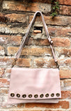 Light pink genuine leather crossbody / shoulder bag. Pink messenger. Zipper, flap + adjustable strap. Pink leather purse with bronze tacks