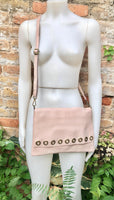 Light pink genuine leather crossbody / shoulder bag. Pink messenger. Zipper, flap + adjustable strap. Pink leather purse with bronze tacks