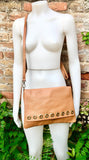 Camel brown genuine leather crossbody / shoulder bag. Rusty brown messenger bag. Zipper, flap + adjustable strap. Tan brown leather purse