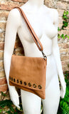Camel brown genuine leather crossbody / shoulder bag. Rusty brown messenger bag. Zipper, flap + adjustable strap. Tan brown leather purse