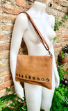 Camel brown genuine leather crossbody / shoulder bag. Rusty brown messenger bag. Zipper, flap + adjustable strap. Tan brown leather purse
