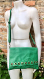 Green genuine leather crossbody / shoulder bag. Bright green messenger bag. Zipper, flap + adjustable strap. Green leather purse