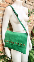 Green genuine leather crossbody / shoulder bag. Bright green messenger bag. Zipper, flap + adjustable strap. Green leather purse