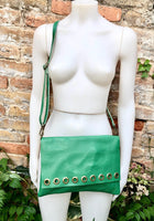 Green genuine leather crossbody / shoulder bag. Bright green messenger bag. Zipper, flap + adjustable strap. Green leather purse