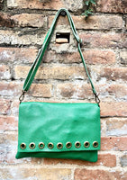 Green genuine leather crossbody / shoulder bag. Bright green messenger bag. Zipper, flap + adjustable strap. Green leather purse
