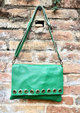 Green genuine leather crossbody / shoulder bag. Bright green messenger bag. Zipper, flap + adjustable strap. Green leather purse