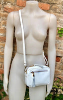Small leather bag in white. GENUINE leather shoulder / cross body bag. White leather purse, adjustable strap + zippers.