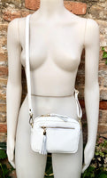 Small leather bag in white. GENUINE leather shoulder / cross body bag. White leather purse, adjustable strap + zippers.
