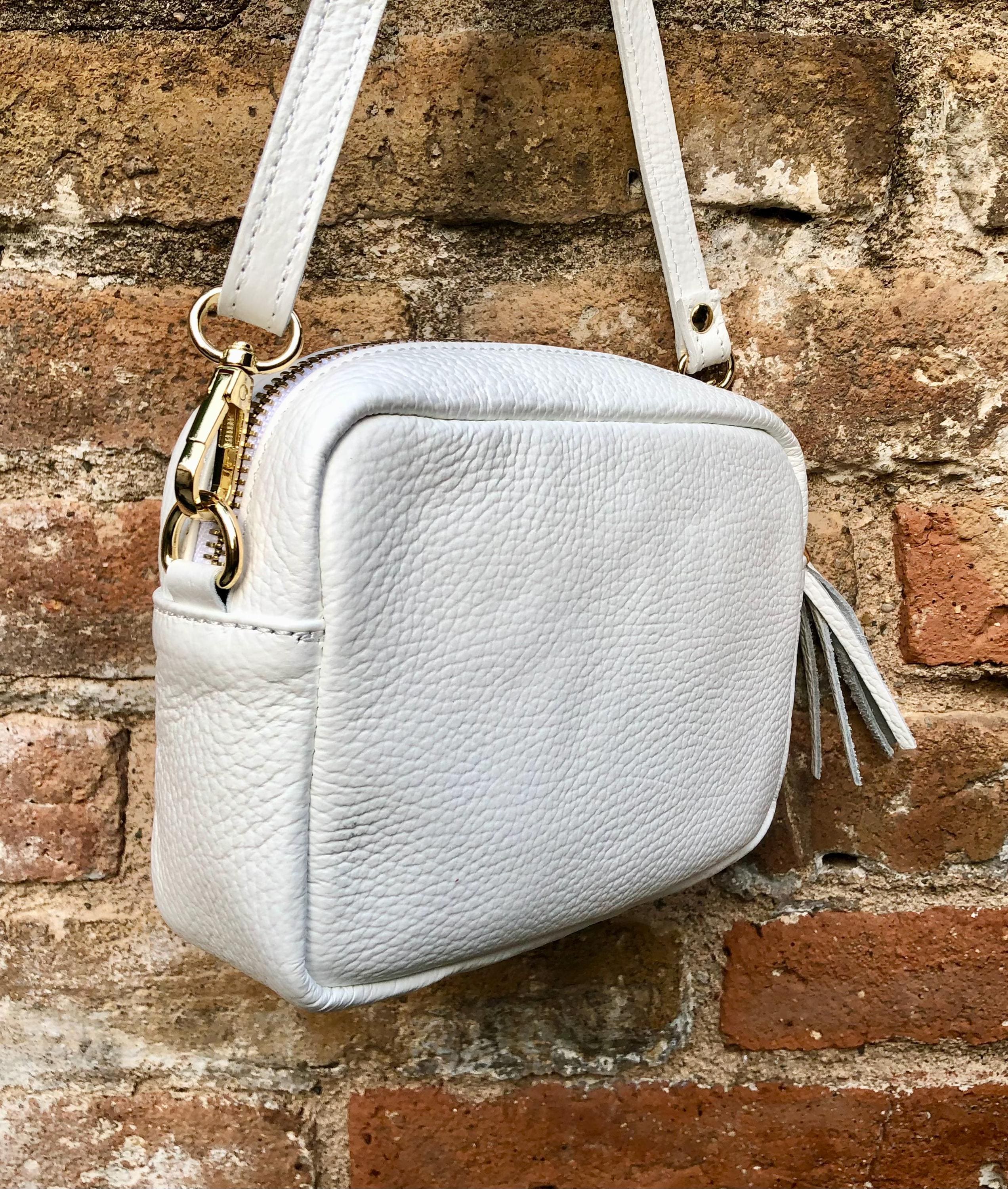 Small leather bag in white. GENUINE leather shoulder / cross body bag. White leather purse, adjustable strap + zippers.