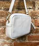 Small leather bag in white. GENUINE leather shoulder / cross body bag. White leather purse, adjustable strap + zippers.