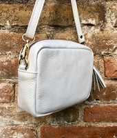Small leather bag in white. GENUINE leather shoulder / cross body bag. White leather purse, adjustable strap + zippers.