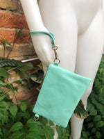 Small aqua green leather bag. GENUINE leather mint crossbody / shoulder bag . Light turquoise green leather purse with adjustable strap.