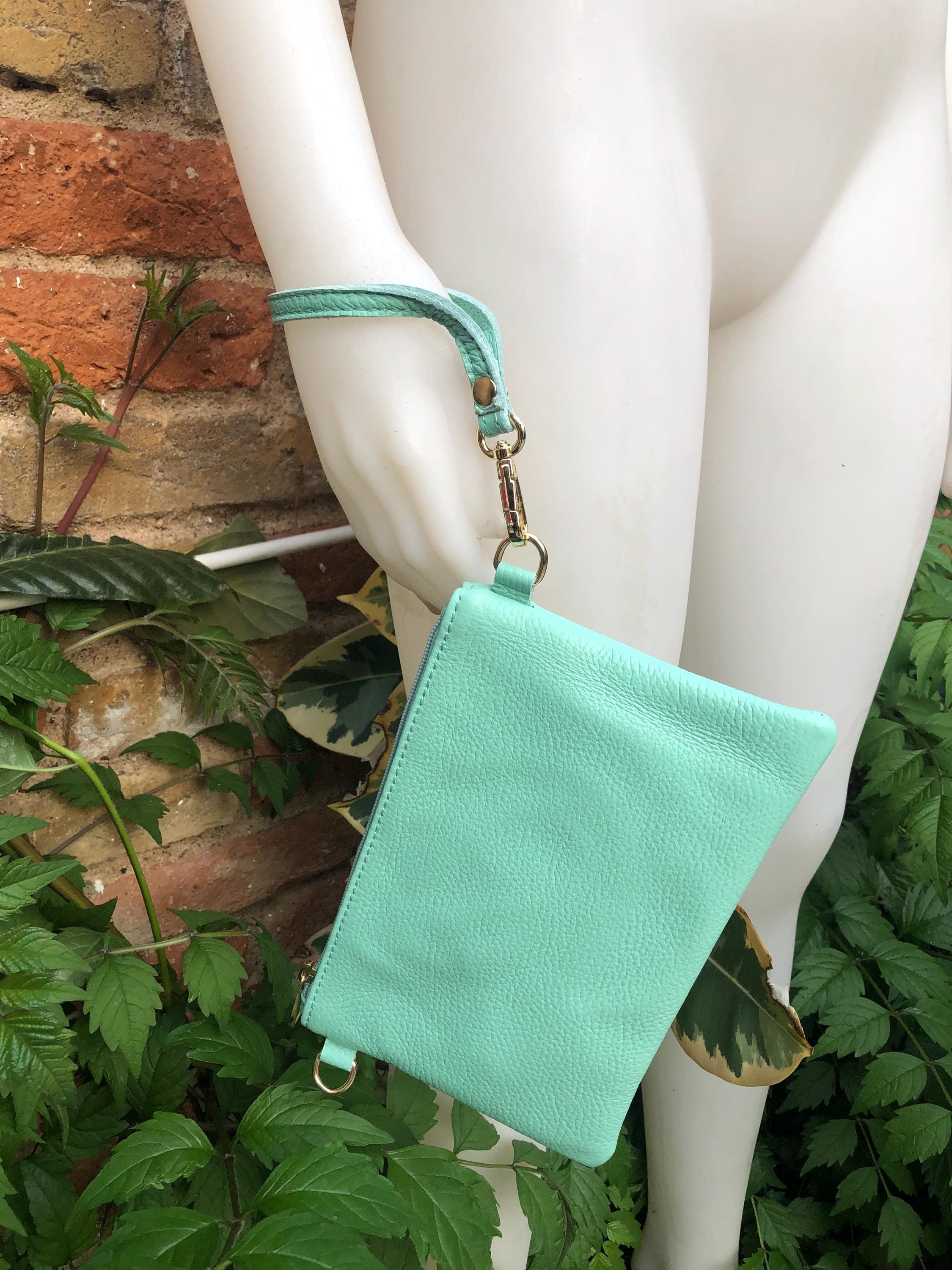 Small aqua green leather bag. GENUINE leather mint crossbody / shoulder bag . Light turquoise green leather purse with adjustable strap.