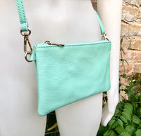 Small aqua green leather bag. GENUINE leather mint crossbody / shoulder bag . Light turquoise green leather purse with adjustable strap.