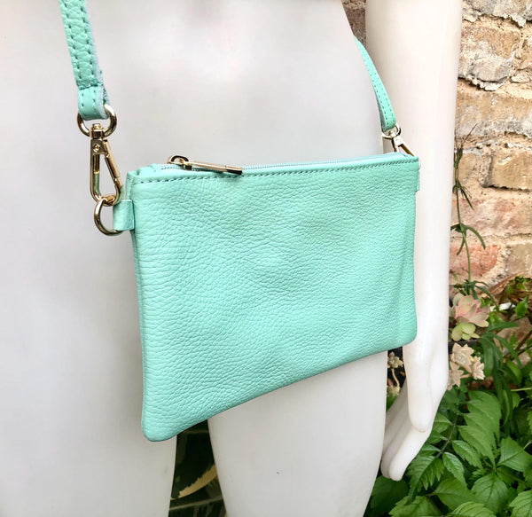 Small aqua green leather bag. GENUINE leather mint crossbody / shoulder bag . Light turquoise green leather purse with adjustable strap.