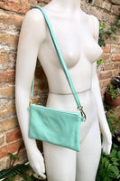 Small aqua green leather bag. GENUINE leather mint crossbody / shoulder bag . Light turquoise green leather purse with adjustable strap.