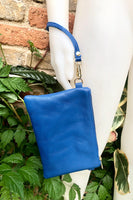 Royal blue small leather bag . Bright blue GENUINE leather cross body / shoulder bag or wristlet Cobalt blue purse with adjustable strap.