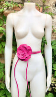 Flower leather belt in hot pink. Waist, overall or dress belt. Genuine leather. Fuchsia pink rose belt. Large magenta pink flower.