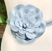 Flower leather belt in light blue - gray. Waist, overall or dress belt. Soft blue genuine leather. Blue rose belt. Large blue flower.