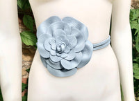 Flower leather belt in light blue - gray. Waist, overall or dress belt. Soft blue genuine leather. Blue rose belt. Large blue flower.