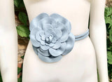Flower leather belt in light blue - gray. Waist, overall or dress belt. Soft blue genuine leather. Blue rose belt. Large blue flower.