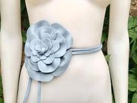 Flower leather belt in light blue - gray. Waist, overall or dress belt. Soft blue genuine leather. Blue rose belt. Large blue flower.