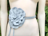 Flower leather belt in light blue - gray. Waist, overall or dress belt. Soft blue genuine leather. Blue rose belt. Large blue flower.