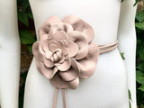 Flower leather belt in dusty pink. Waist, overall or dress belt. Genuine leather. Pink rose belt. Large light pink flower.