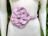 Flower leather belt in light purple. Waist, overall or dress belt. Genuine leather. Mauve rose belt. Large light lavender purple flower.