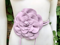 Flower leather belt in light purple. Waist, overall or dress belt. Genuine leather. Mauve rose belt. Large light lavender purple flower.