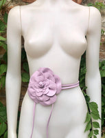 Flower leather belt in light purple. Waist, overall or dress belt. Genuine leather. Mauve rose belt. Large light lavender purple flower.