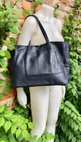 NAVY blue leather bag with zipper. Genuine leather wide style navy shopper. Large DARK BLUE shoulder bag for your laptop, books. Navy purse