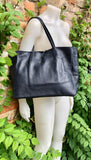 NAVY blue leather bag with zipper. Genuine leather wide style navy shopper. Large DARK BLUE shoulder bag for your laptop, books. Navy purse