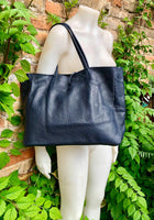 NAVY blue leather bag with zipper. Genuine leather wide style navy shopper. Large DARK BLUE shoulder bag for your laptop, books. Navy purse