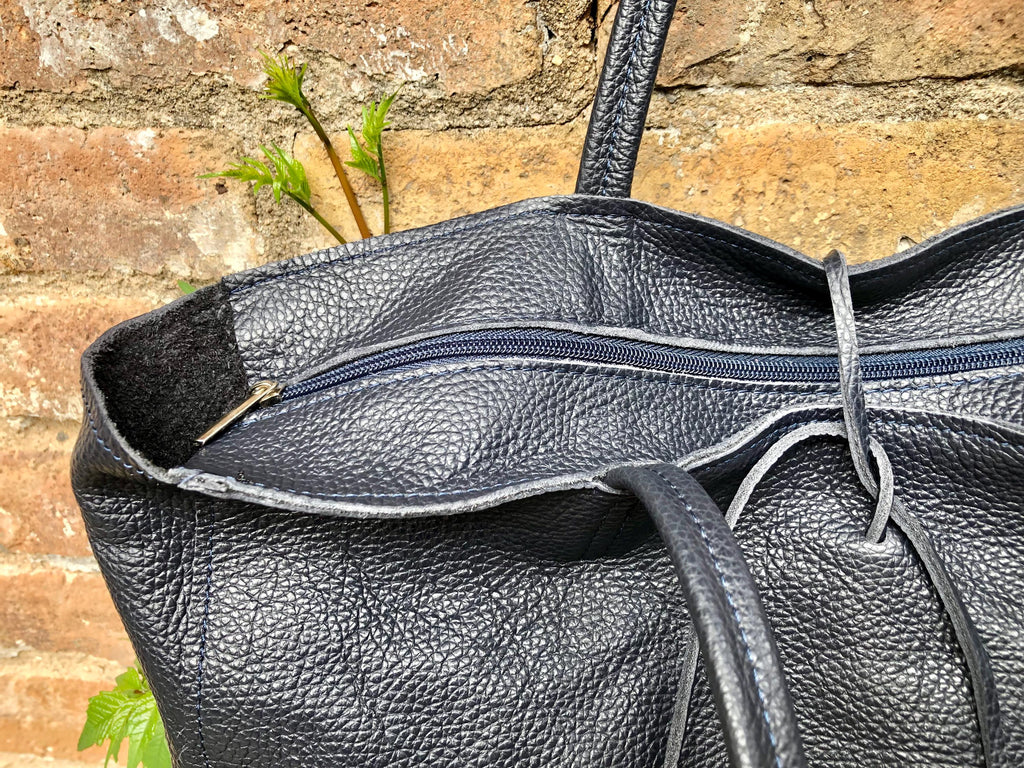 NAVY blue leather bag with zipper. Genuine leather wide style navy shopper. Large DARK BLUE shoulder bag for your laptop, books. Navy purse
