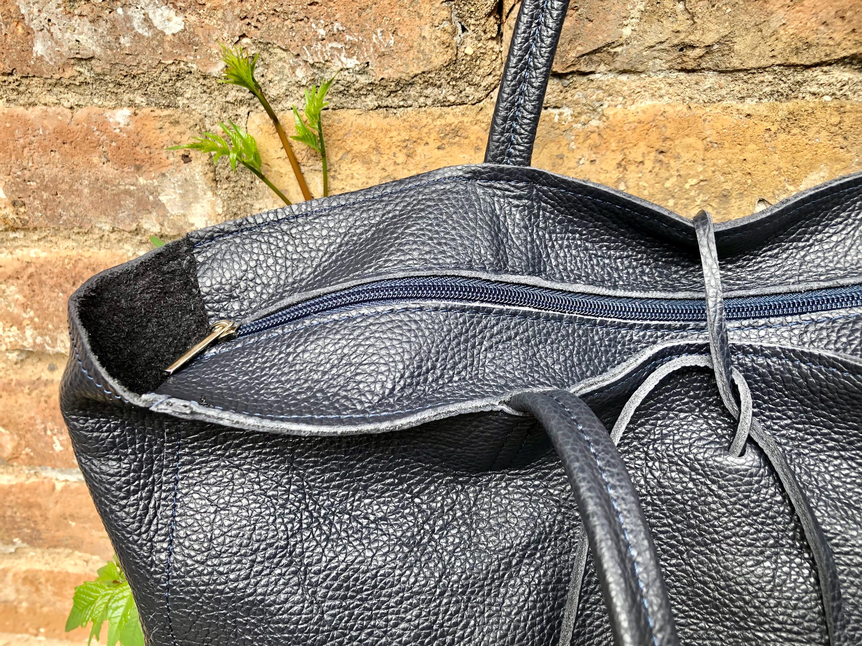 NAVY blue leather bag with zipper. Genuine leather wide style navy shopper. Large DARK BLUE shoulder bag for your laptop, books. Navy purse