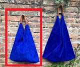 Special listing for S. Slouch leather bag in cobalt blue suede. SMALLER STYLE. Genuine leather shoulder bag. Origami shopper bag