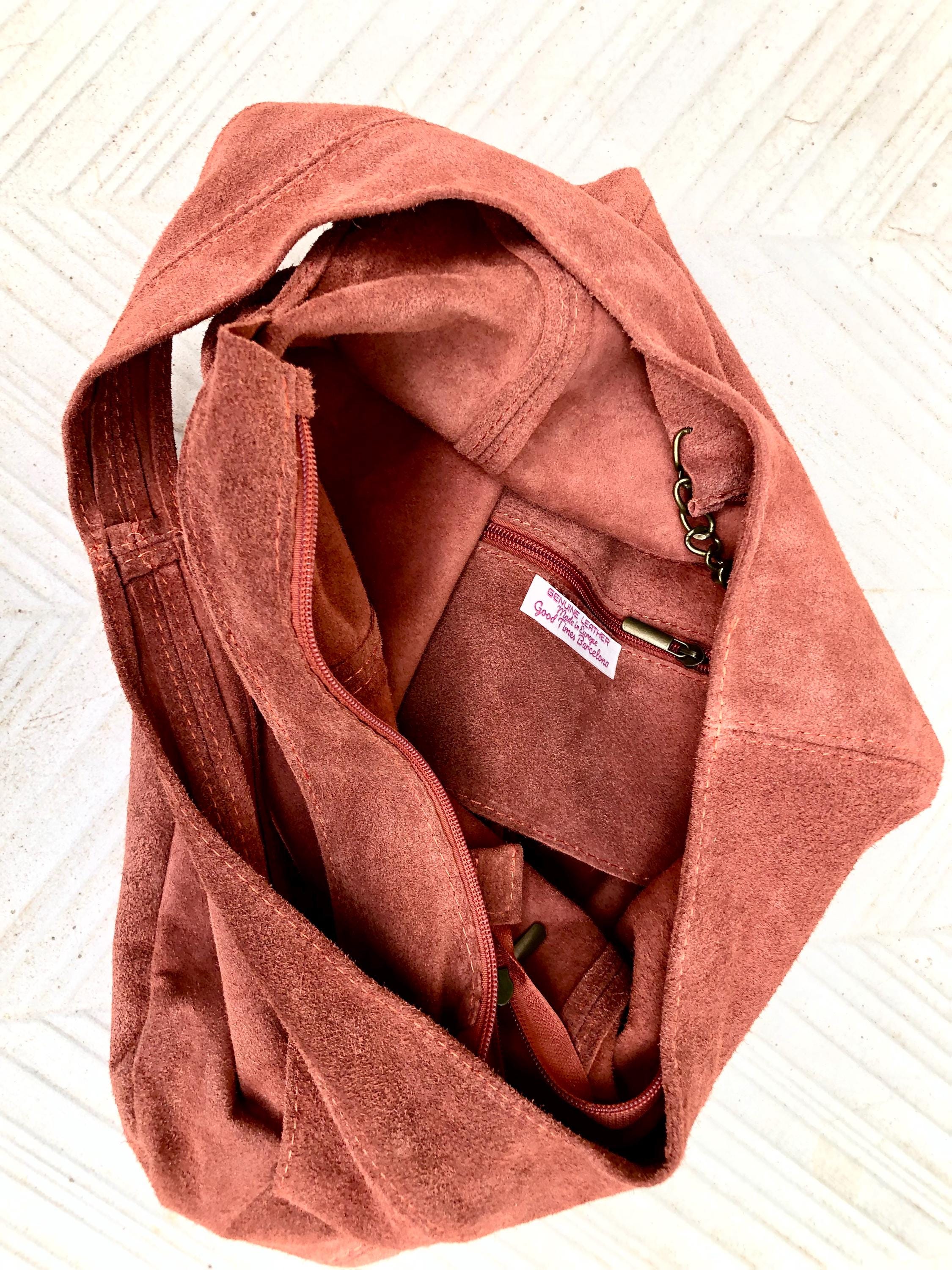 Slouch bag. Tote leather bag in dark ORANGE with ZIPPER.Soft natural suede leather shopper bag. Terracotta carry all bag in genuine leather