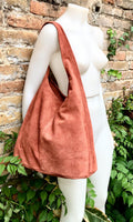 Slouch bag. Tote leather bag in dark ORANGE with ZIPPER.Soft natural suede leather shopper bag. Terracotta carry all bag in genuine leather