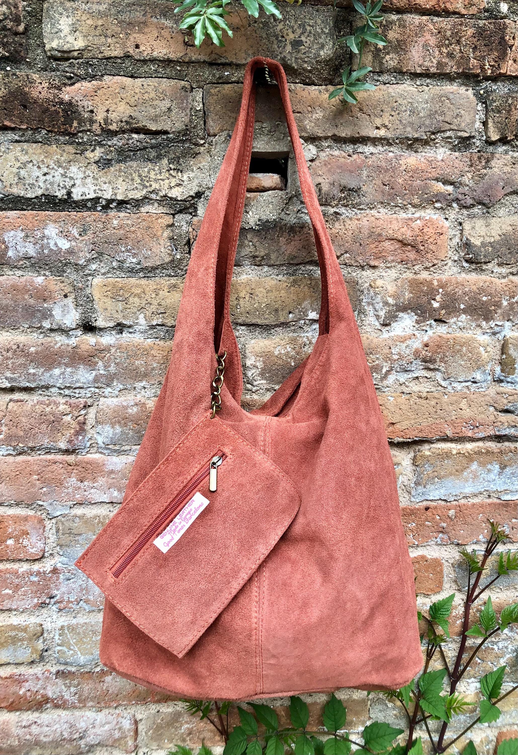 Slouch bag. Tote leather bag in dark ORANGE with ZIPPER.Soft natural suede leather shopper bag. Terracotta carry all bag in genuine leather